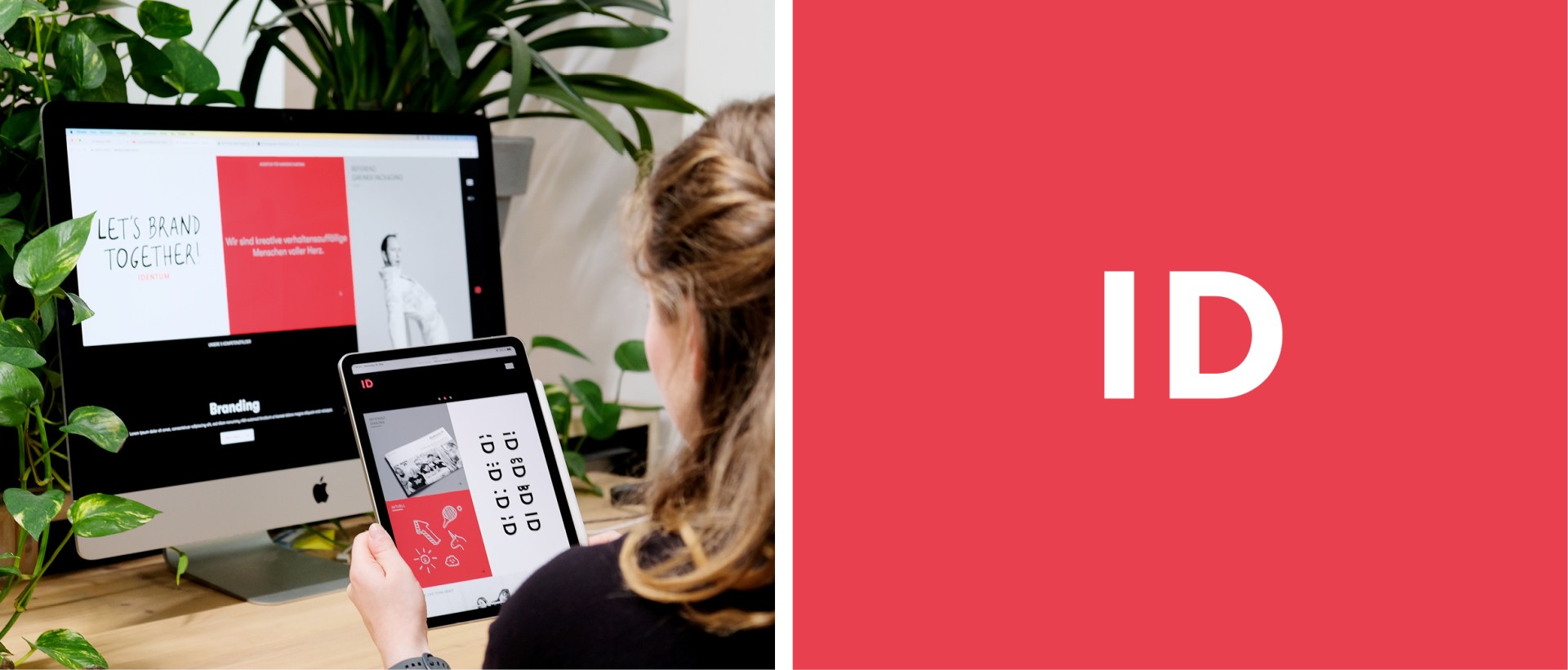 Identum Redesign, links Foto von Designerin, die auf den Bildschirm schaut, rechts short Logo Versioon &quot;ID&quot;